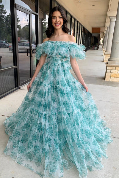 Cute A-Line Off the Shoulder Ruffle Floral Printed Long Prom Dresses MD4032004