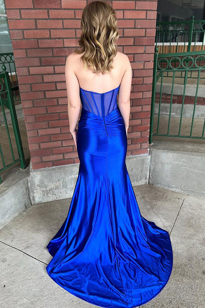 Roayl Blue Halter Satin Backless Mermaid Long Prom Dress with Slit MD4033104
