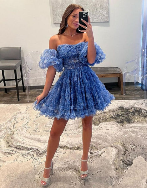 Charming Strapless Floral Printed Puff Sleeves Short Homecoming Dresses DM24071503