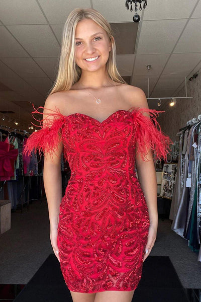 Bodycon Off the Shoulder Red Sequins Short Homecoming Dress with Feather MD091311