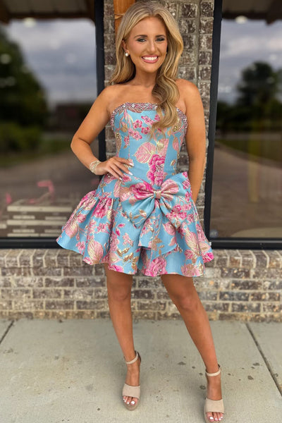 A Line Strapless Jacquard Satin Homecoming Dress with Bow DM12060904