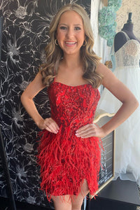 Cute Bodycon Strapless Red Sequins Lace Short Homecoming Dresses with Feather MD0802805