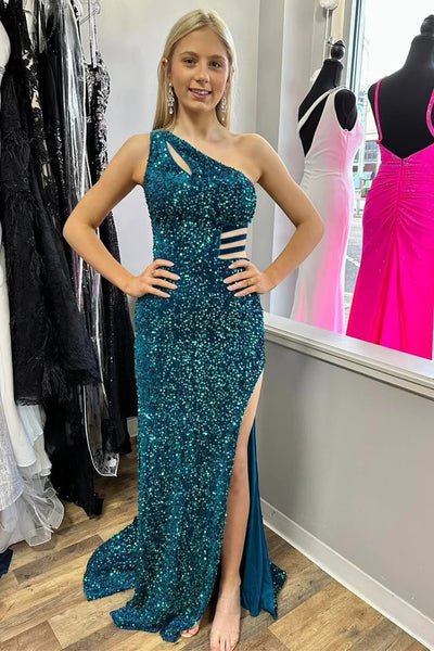 One-Shoulder Turquoise Sequin Keyhole Long Prom Dress with Slit MD122306