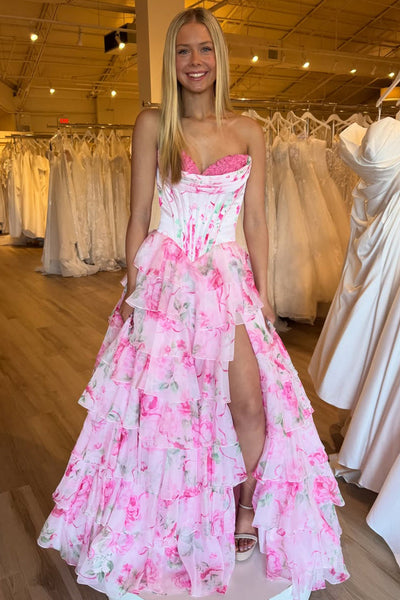 Cute A Line Sweetheart Pink Floral Chiffon Tiered Prom Dress DM26011509