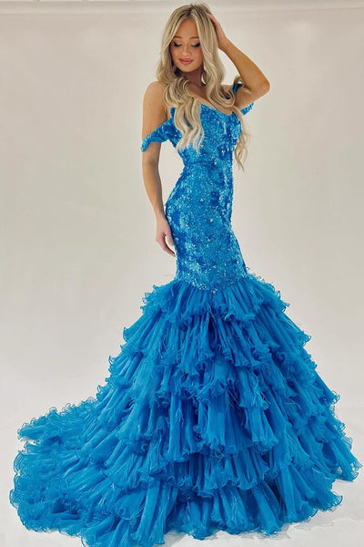 Dazzling Mermaid Off the Shoulder Sequins Long Prom Dresses with Ruffles MD4062313