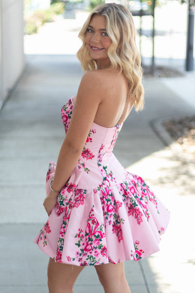 A Line Strapless Floral Satin Homecoming Dress with Bow DM12071602