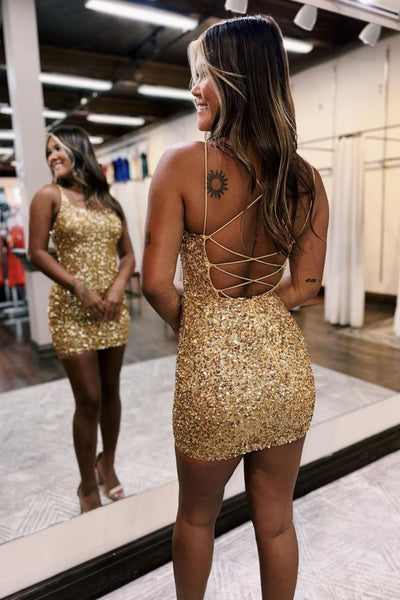 Gold Scoop Neck  Sequins Short Bodycon Homecoming Dresses DM24071305