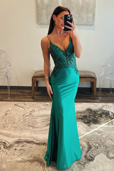 Dark Green V Neck Satin Beaded Long Prom Dress MD4031101