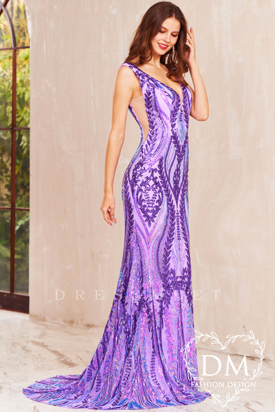 Purple Sequins Lace V Neck Mermaid Long Prom Dress MD122410