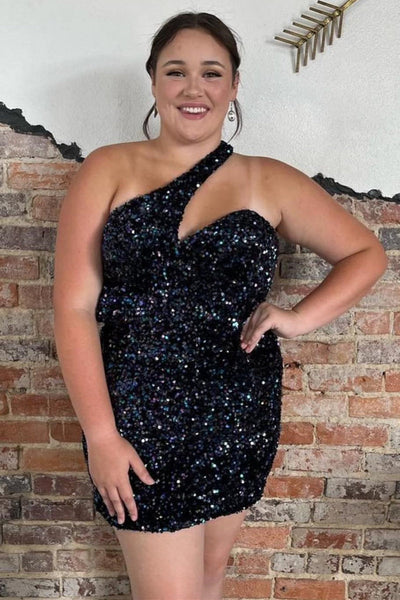 Asymmetrical One Shoulder Black Sequins Tight Homecoming Dress LD3061803