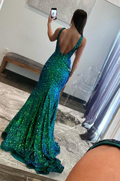 Green Sequins V Neck Mermaid Long Prom Dress MD121207