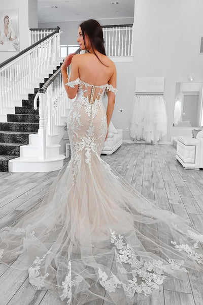 Attractive Mermaid Off the Shoulder Tulle Appliques Wedding Dresses MD4062315