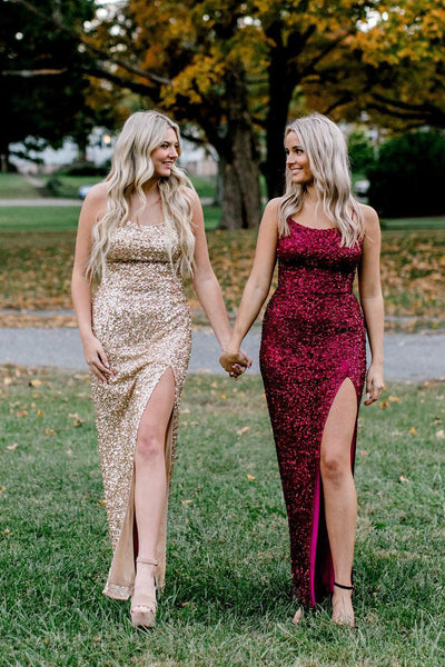 Mermaid Scoop Neck Burgundy Sequins Long Prom Dress with Slit MD4051501