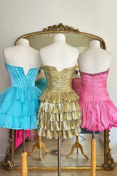 Cute Sparkly Keyhole Gold Satin Homecoming Dress with Beading DM062110
