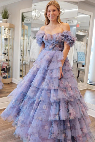 Periwinkle Print Flutter Sleeve Ruffle Tiered Long Prom Dress MD122905