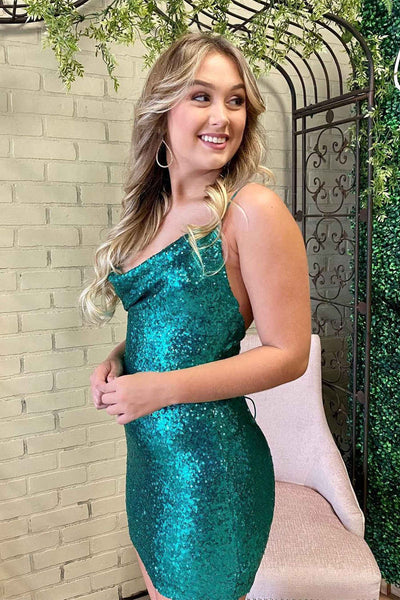 Tight Cowl Neck Green Sequins Short Homecoming Dress MD091606