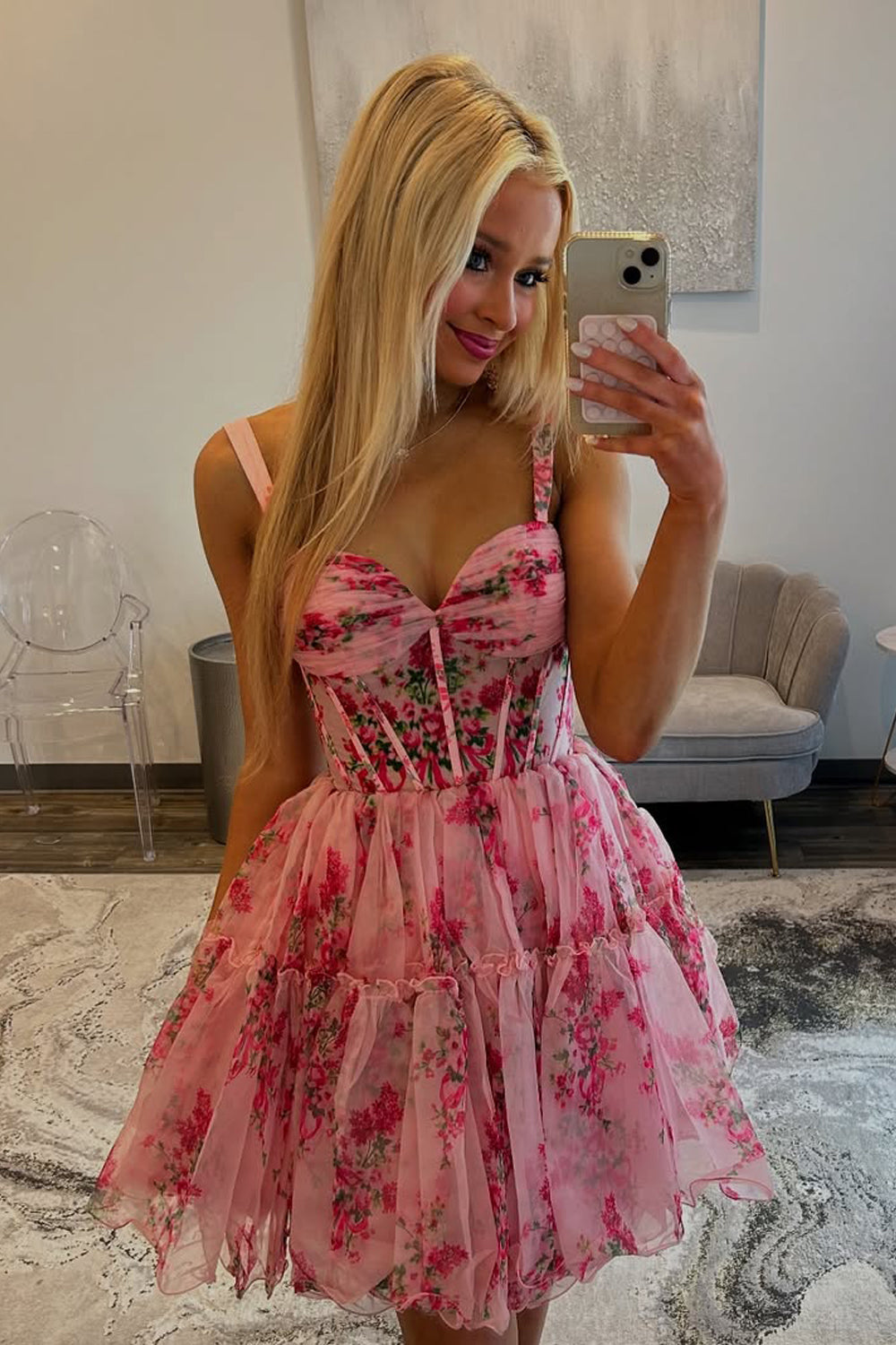 A Line Sweetheart Pink Floral Chiffon Homecoming Dress DM072703