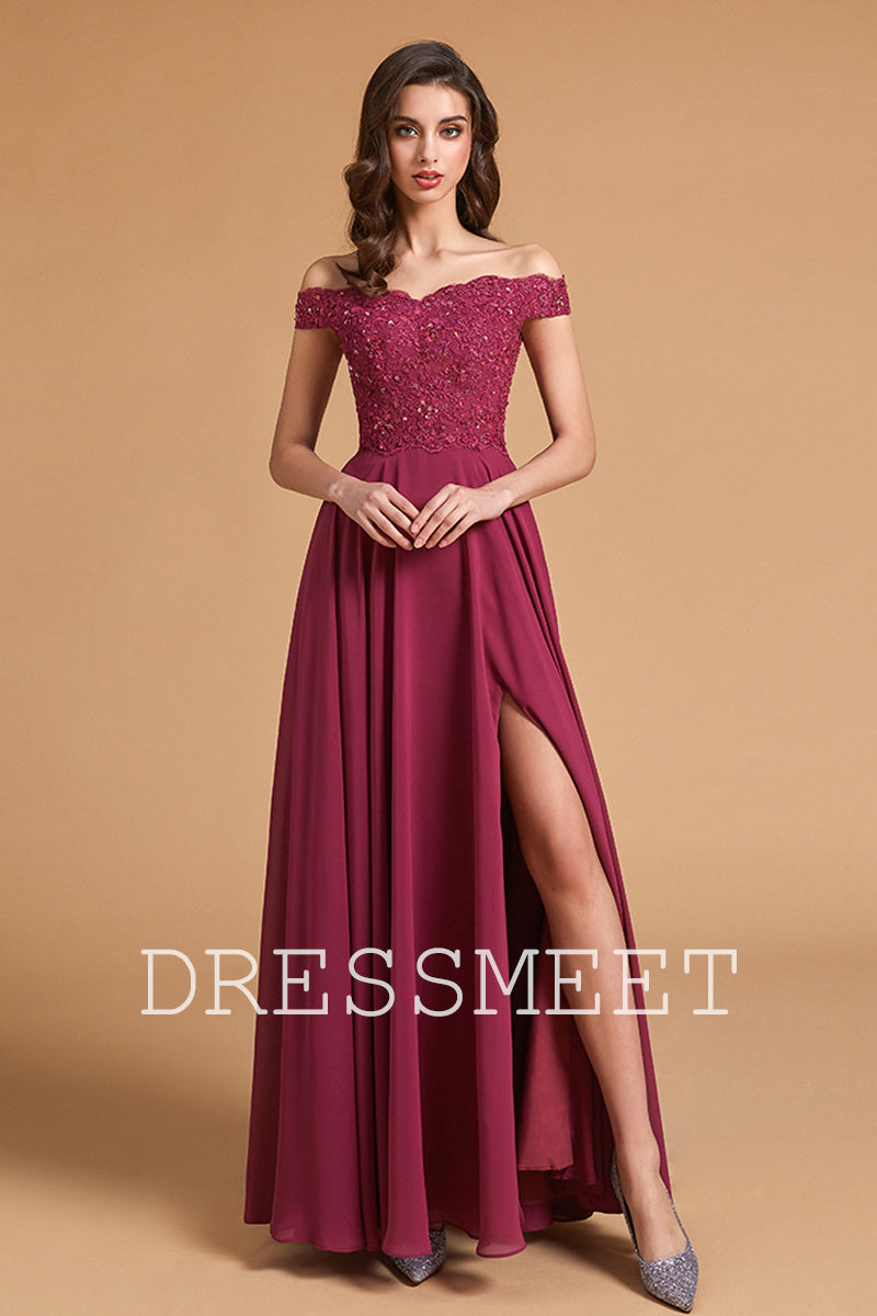 Elegant Off the Shoulder Wine Chiffon Long Bridesmaid Dress with Slit  DMBD082704 – Dressmeet