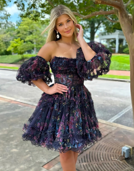 Charming Strapless Floral Printed Puff Sleeves Short Homecoming Dresses DM24071503