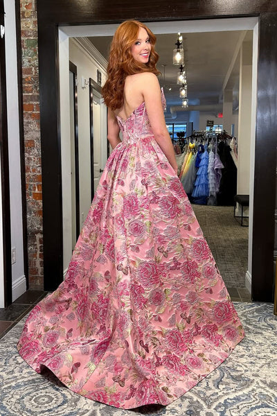 Gorgeous A Line Scoop Neck Pink Jacquard Satin Long Prom Dress DM16021103