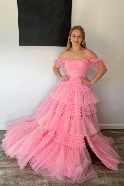 Glitter Pink Spaghetti Straps Tiered Appliques Long Prom Dress with Slit DM3082708