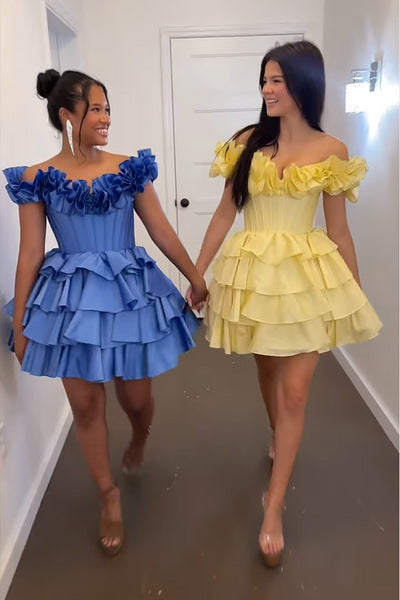 Gold Off the Shoulder Tiered Homecoming Dresses with Ruffles DM24080310