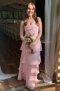 Cute A Line Sweetheart Blush Pink Chiffon Tiered Prom Dress DM24122609