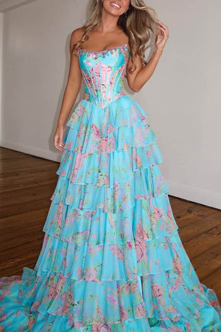 Stunning A-Line Strapless Floral Printed Ruffle Tiered Long Prom Dresses Formal Gown with Side Slit DM25101701