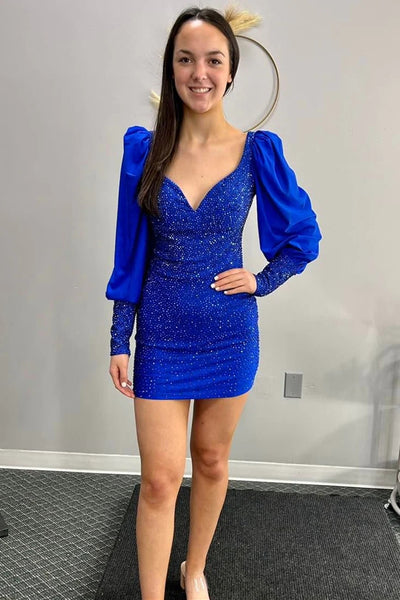 Sparkly Royal Blue V Neck Backless Sequins Long Sleeves Short Homecoming Dresses LD3061603