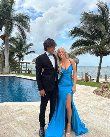 Cute Mermaid V Neck Blue Satin Long Slit Prom Dress Party Dresses DM24121705