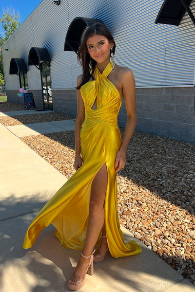 Charming Mermaid Cross Neck Yellow Satin Long Prom Dresses with Slit MD24092907