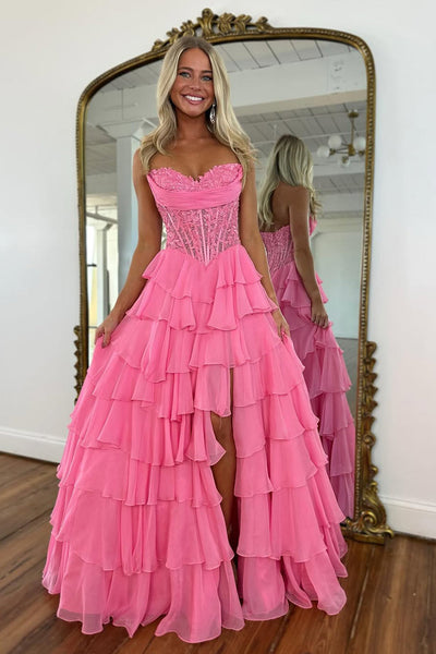 A Line Sweetheart Chiffon Tiered Slit Prom Dress with Appliques DM15010501