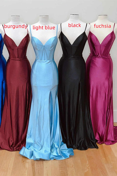 Straps Blue V-Neck Long Prom Dress with Slit MD112701