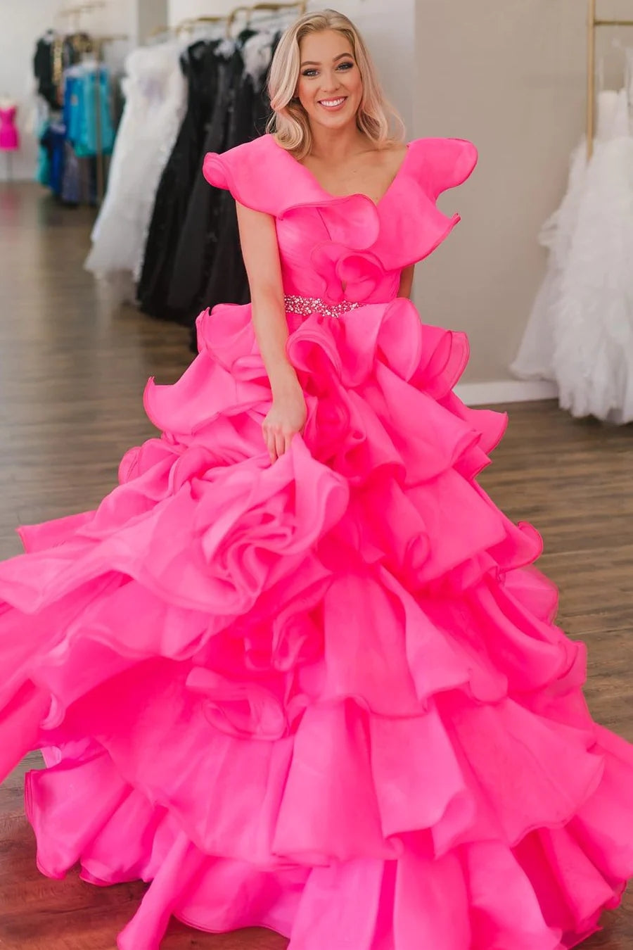 Hot Pink Ruffle Multi-Layer A-Line Long Prom Dress MD112004 – Dressmeet