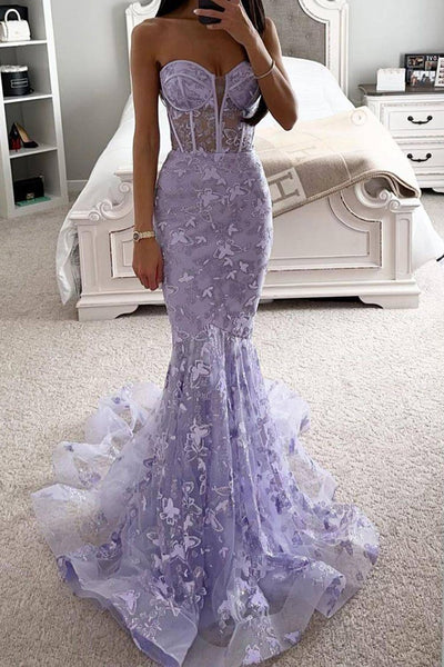 Gorgeous Lilac Sequin Lace Mermaid Sweetheart Corset Prom Dress MD112510