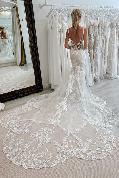 Gorgeous Mermaid V Neck Lace Wedding Dresses with Train DM4070206