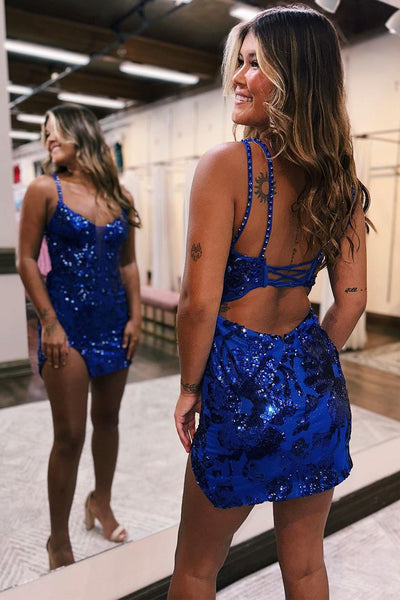 Cute Bodycon V Neck Royal Blue Sequins Short Homecoming Dress MD083008