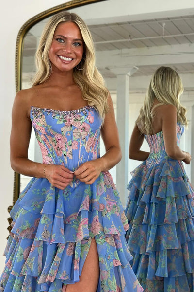 A Line Strapless Dusty Blue Floral Chiffon Tiered Prom Dress with Beading DM52102901