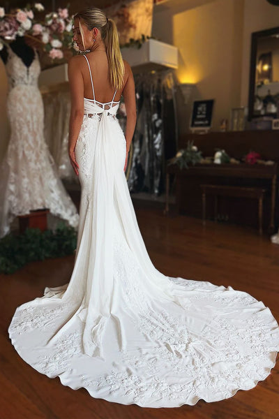 Exquisite Mermaid V Neck Satin Appliques Wedding Dresses MD4062320