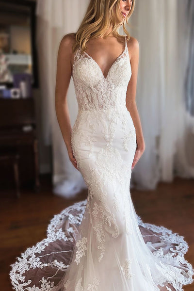 Charming Mermaid V Neck Lace Long Wedding Dresses with Appliques DM24100502