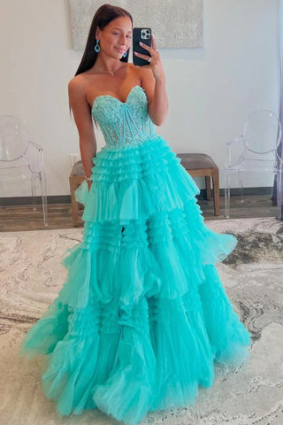 Aqua Blue Tulle Appliques Ruffle A-Line Long Prom Dress MD122505