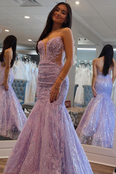 Lilac Sequins Lace Sweetheart Mermaid Long Prom Dresses MD4022805