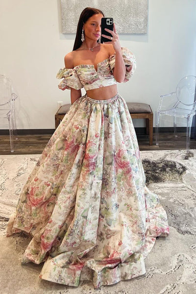 Princess Two Piece Off the Shoulder Floral Printed Long Prom Dresses with Slit MD4040801