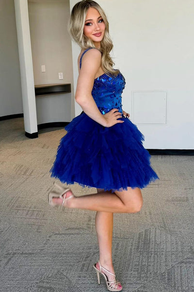 Pretty A Line Straps Royal Blue Tulle Short Homecoming Dresses with Beading DM24071010