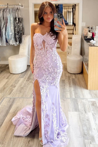 Mermiad Sweetheart Lilac Lace Appliques Long Prom Dresses with Side Spit DM25101606