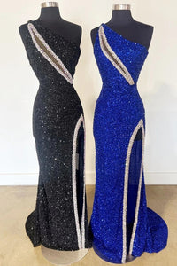 Black One Shoulder Sequin Rhinestone Mermaid Long Prom Dress MD120805