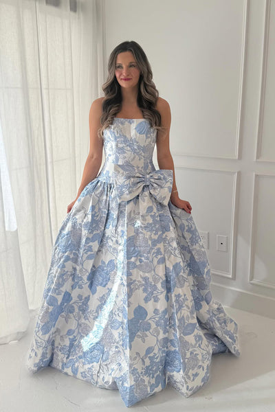 Gorgeous A Line Strapless Jacquard Satin Long Prom Dress with Bow DM1111004