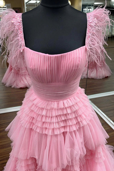 Glitter Pink Spaghetti Straps Tiered Appliques Long Prom Dress with Slit DM3082708