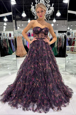 Black Strapless Floral Printed Tulle Long Prom Dress MD4030905