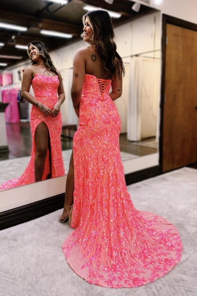 Cute Fuchsia Sequins Strapless Mermaid Long Prom Dress with Slit MD4031804